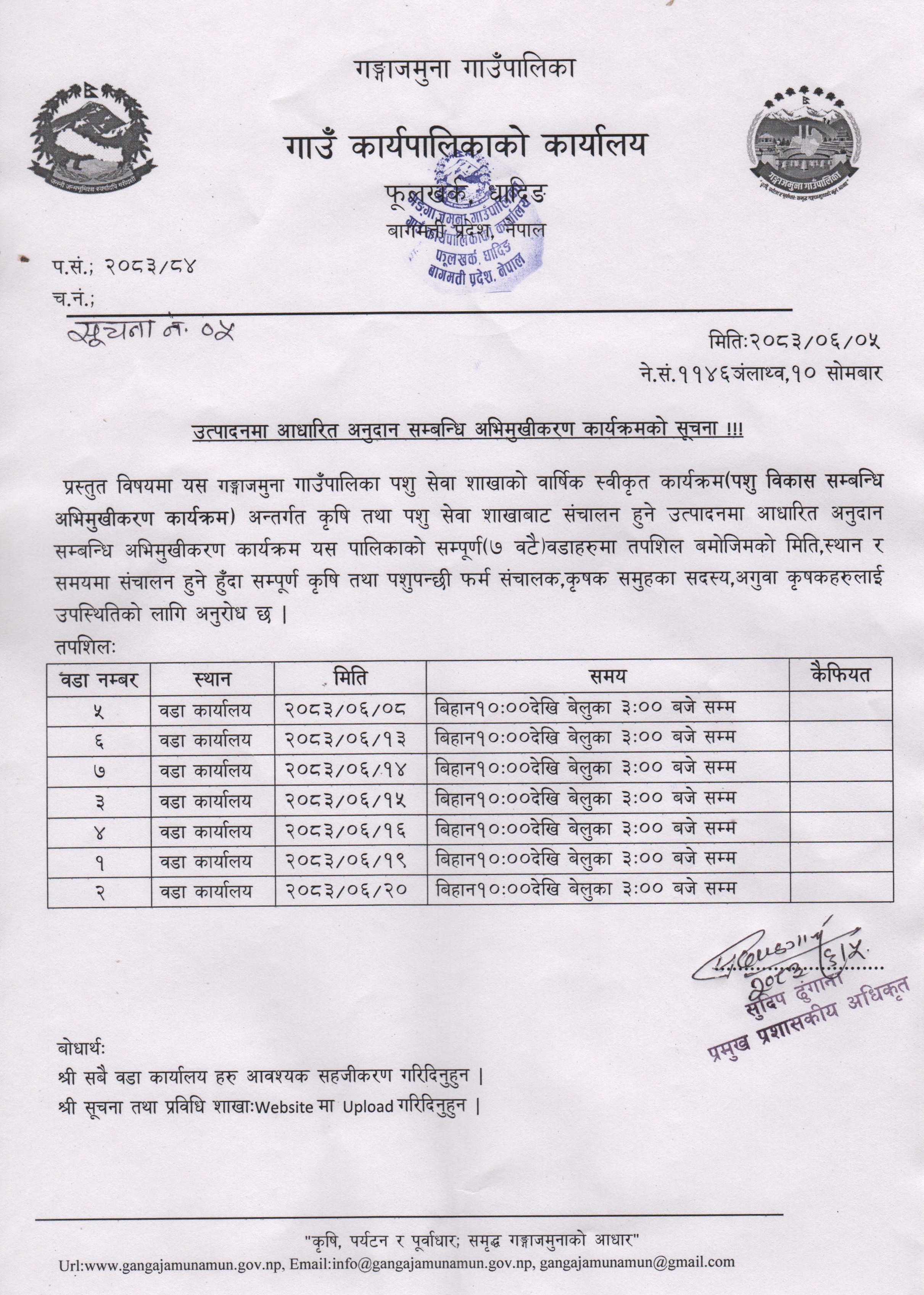 उत्पादनमा आधारित अनुदान सम्बन्धि अभिमुखीकरण कार्यक्रमको सूचना