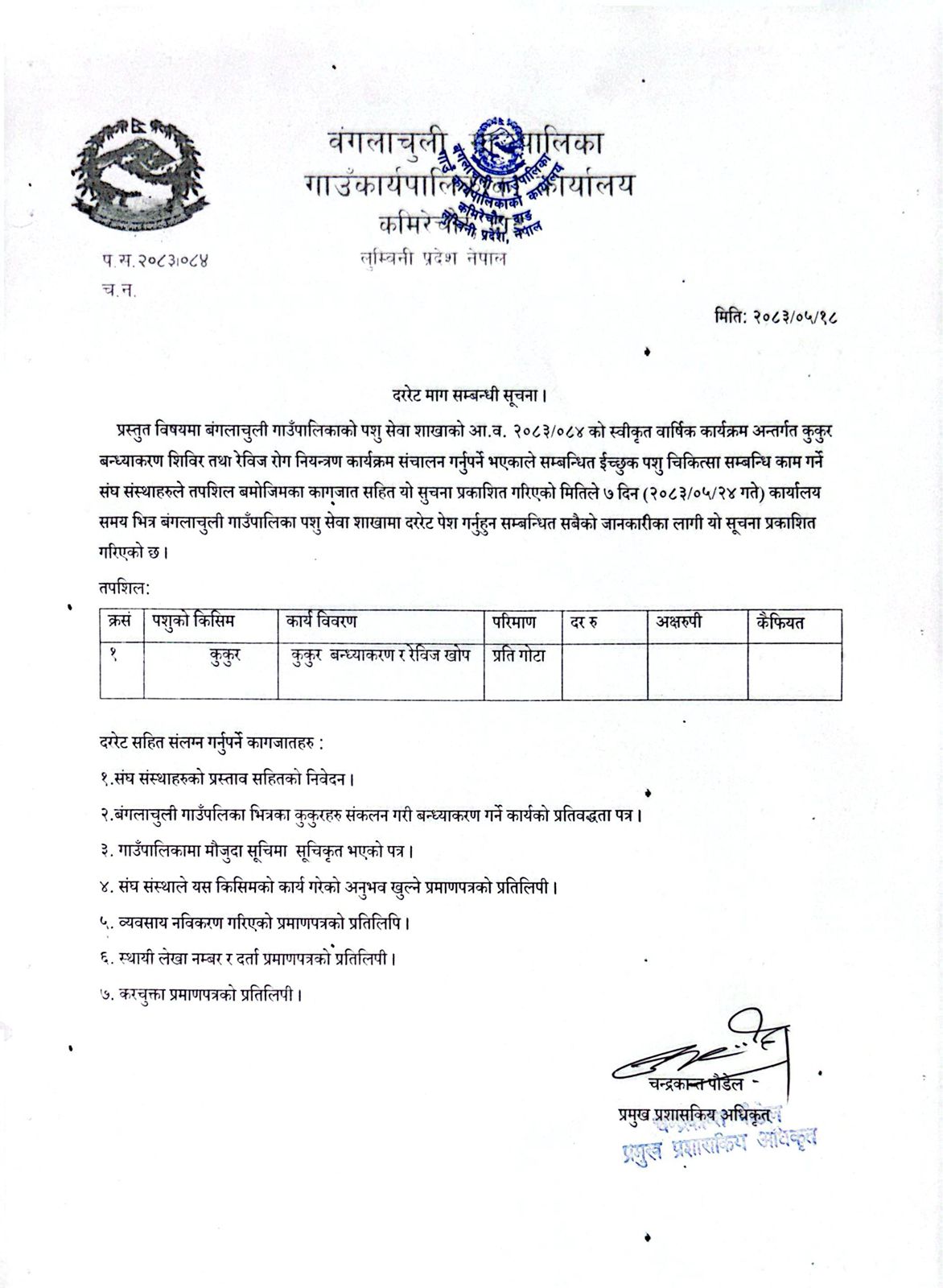 दररेट माग सम्बन्धी सूचना ।