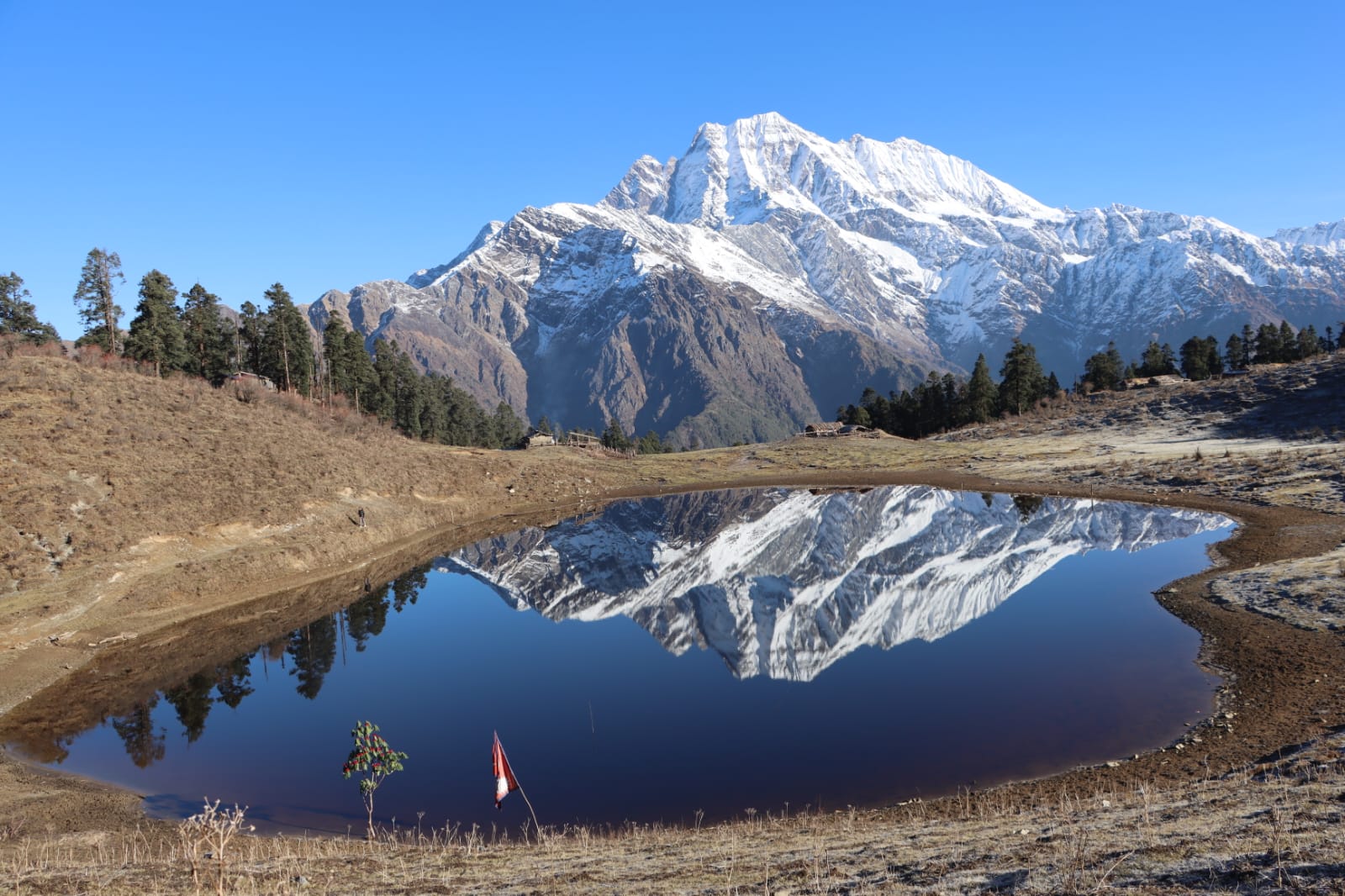हिउँले ढाकिएको सिस्ने हिमालको अगाडि शान्त नीलो पानी भरिएको गुप्त दह